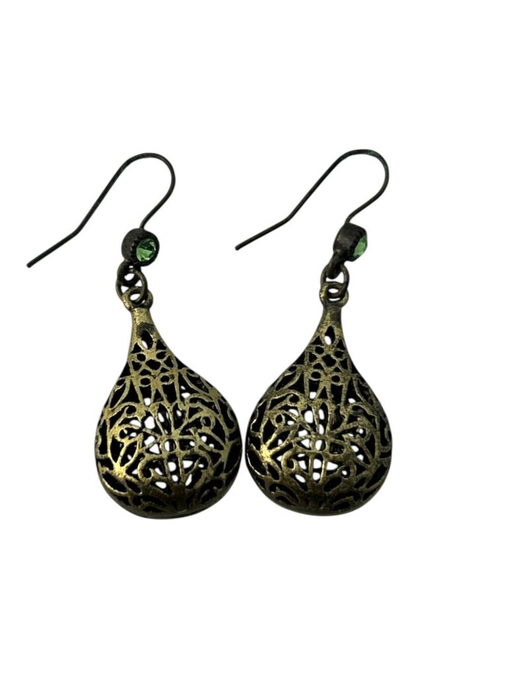Silver Tone Openwork Teardrop Earrings Green Crystal Dangle Boho Ornate - Picture 1 of 5